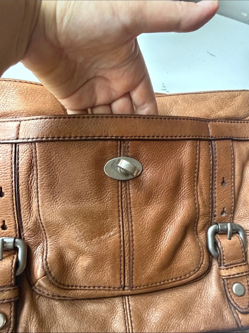 Fossil Tan Leather Messenger Bag with Silver Hardware